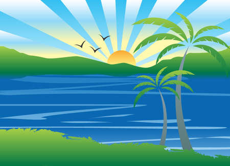 The background of the sunrise in the natural mountain lake areaのイラスト素材