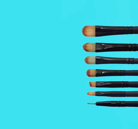 Set of flat top view of various professional female cosmetics brushes for makeup and eyelash brush, Cosmetics concept, Make up concept, Copy space image for your text.の写真素材