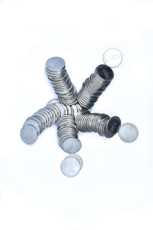 pile of silver coins stack and growing money graph on rows, isolated on white background with clip...