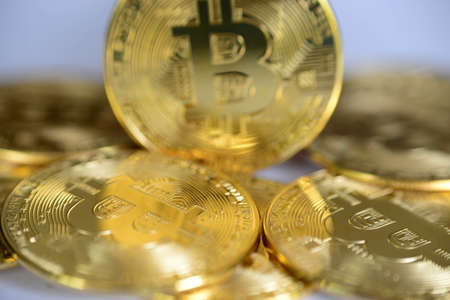 Golden bitcoin close-up. cryptocurrency coin