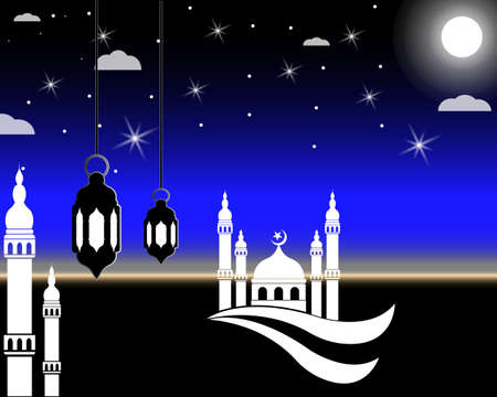 Islamic Ramadan Background With Mosque and bright Moon in the Bright Nightのイラスト素材