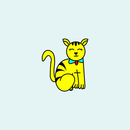 Cute cat cartoon character with bowtie. Vector illustration on blue background.の写真素材