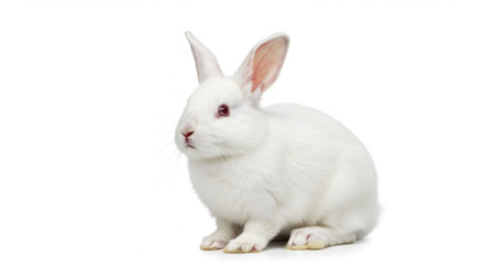 A fluffy white rabbit sits calmly on a clean white studio background. Soft fur, pink ears, and gentle expression make it ideal for pet, lifestyle, Easter, and family imagery.の素材