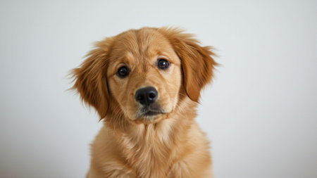 A golden retriever puppy with a curious expression sits against a light background, conveying friendliness, affection, and the welcoming feel of a cherished family pet.の素材