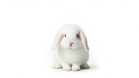 Cute White Rabbit Sitting Calmly With Fluffy Ears, Soft Fur, And Gentle Expressionの素材
