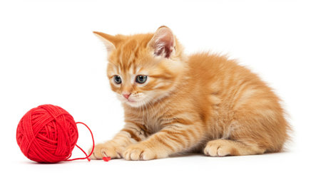 A cute orange tabby kitten sits on a clean white background, pawing at a bright red yarn ball. Playful, cozy mood perfect for pets, families, and home decor themes.の素材