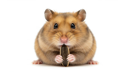 A tiny hamster sits on a white backdrop, nibbling a striped seed between its paws. This charming, curious pet exudes warmth and playfulness, perfect for family.の素材