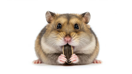Adorable Hamster Eating Seed in Studio Photo With White Backgroundの素材