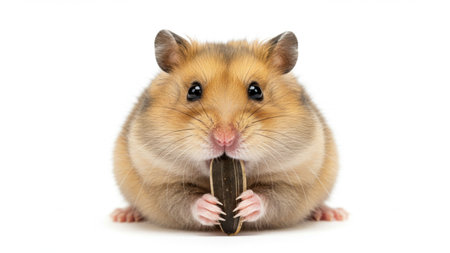 Adorable Hamster Nibbles Seed On White Studio Background, Bright Cozy Pet Photo, Delightful Cutenessの素材