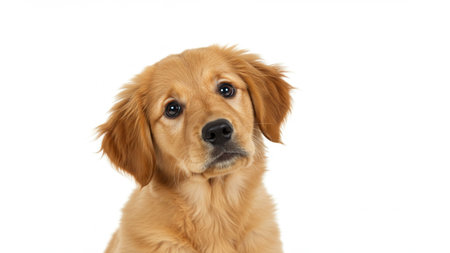 Golden Retriever Puppy Looking Curious On White Studio Background â Adorable Pet Portraitの素材
