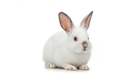 Cute White Bunny Sitting Quietly On White Studio Background, Adorable Pet Rabbit With Ears Uprightの素材