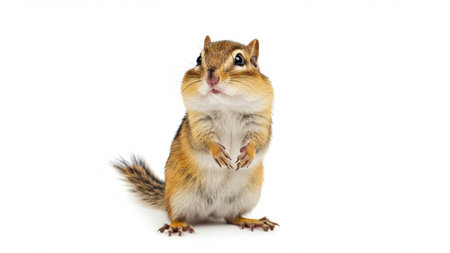 Adorable Chipmunk Standing On Hind Legs With Tiny Front Paws On White Background.の素材