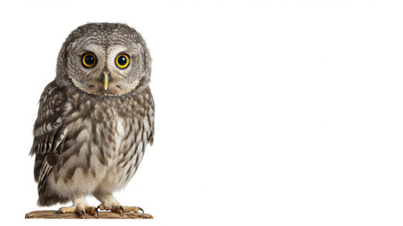 Cute Owl Perched On Wood Branch With Bright Yellow Eyes, White Background. Young barred owl, Strix nebulosa.の素材