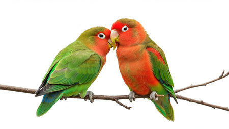 Two Colorful Lovebirds Perched on a Branch, Nuzzling Each Other, Vibrant Green and Red Plumage. Lovebird couple isolated on white background. Lovebirds in love.の素材