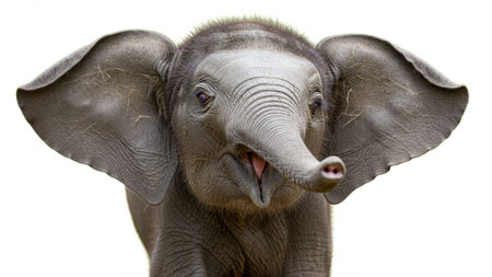 Baby elephant on a white background, close-up of the head. Playful Baby Elephant With Outstretched Ears â Cute Wildlife Portrait for Family and Nature Stockの素材