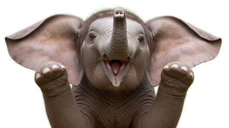 Close up of baby elephant on white background, Thailand. (Selective focus). Playful Baby Elephant With Trunk Up â Cute Wildlife Portrait For Family And Nature Themesの素材