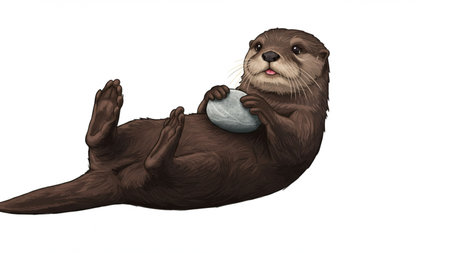 Playful Sea Otter Lying On Back Holding Stone - Cute Wildlife Illustration For Nature, Travel, And Family Projectsの素材