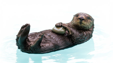 sea otter swimming in the water with a stone in his hand. Playful Sea Otter Floating On Its Back With Stone Tool In Calm Turquoise Waterの素材