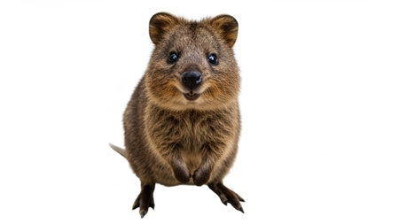 Close up of a dassie looking at camera isolated on white background. Adorable Quokka Looking Up Curiously On White Studio Background For Stock Imageの素材