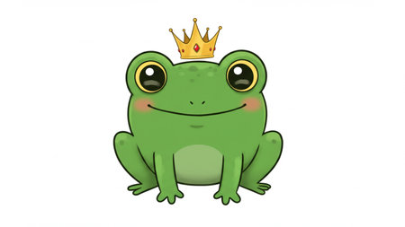 A charming cartoon of a little green frog prince wearing a golden crown. With big, shiny eyes and a sweet smile, this royal amphibian is ready to win hearts.の素材