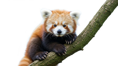 red panda, cute, animal, wildlife, branch, tree, climbing, curious, adorable, fluffy, mammal, endangered, isolated, white background, nature, Asia, lesser pandaの素材