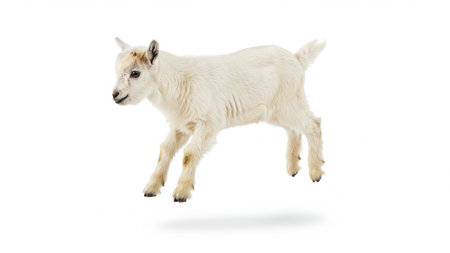 A fluffy white baby goat is captured mid-air as it hops and plays. This cute kid, isolated on a white background, radiates pure innocence and happiness.の素材