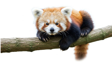 A cute red panda rests comfortably on a thick tree branch, gazing directly at the camera with a sweet expression. Isolated on a white background for a clean, focused look.の素材