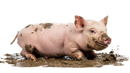 An absolutely adorable piglet having the time of its life splashing around in the mud. Its happy, muddy snout says it all! Isolated on a clean white background.の素材