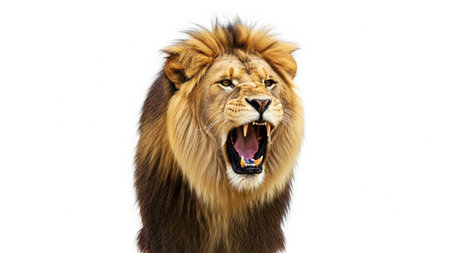 A powerful, up-close portrait of a male lion letting out a ferocious roar. An incredible display of power, isolated on a white background.の素材