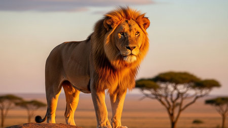 A magnificent male lion stands watch over his territory, its powerful gaze fixed forward as the sun sets over the African plains. Serengeti National Park, Tanzaniaの素材