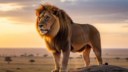 A powerful male lion stands proudly on a rock, bathed in the warm, golden light of a beautiful African sunset over the savanna. Lion at sunset in Serengeti National Park, Tanzaniaの素材