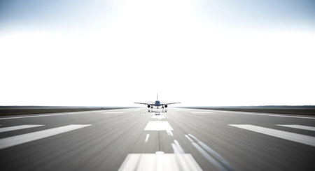 An aiplane lands head-on on a runway, captured from ground level with a wide perspective. The scene conveys travel, speed, and the anticipation of flight at a busy airport.の素材