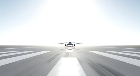 Airplane Landing On Runway View From Ground Level At Busy Airport Perspective Wide Morning Silhouetteの素材