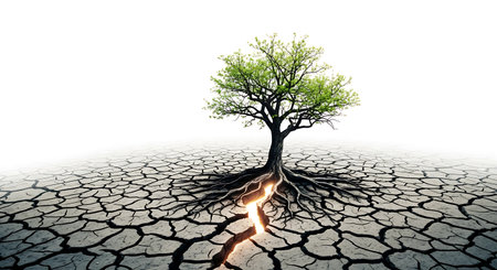 From the dry ground, a large tree grows, representing hope and the resilience of nature. Conceptual image with green tree growing out of cracked earth background.の素材