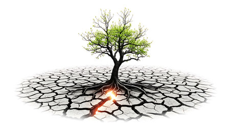 From the dry ground, a large tree grows, representing hope and the resilience of nature. Conceptual image with green tree growing on cracked earth ground background.の素材