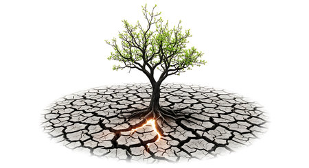 From the dry ground, a large tree grows, representing hope and the resilience of nature. Conceptual image of green tree on cracked ground with cracked earth backgroundの素材