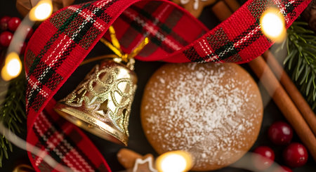 Cozy Christmas Decor With Plaid Ribbon, Golden Bell, And Star Cookie On Woodの素材