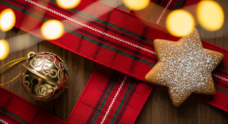 A warm Christmas scene featuring a red-green plaid ribbon, a shiny gold bell with star cutouts, and a powdered sugar star cookie on rustic wooden surface. Festive, cozy, perfectの素材