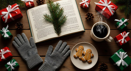 Cozy Winter Scene With Notebook Evergreen Sprig Pinecones Gifts Coffee And Cookies On Woodの素材