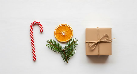 Festive still life featuring a red-and-white candy cane, pine branch, wrapped gift, and bright orange slice on a white wooden background. Cheerful, warm, and perfect for Christmasの素材