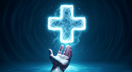 Neon Cross Healing Light: Futuristic Medical Symbol Hovering Over Water With Outstretched Handの素材