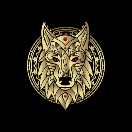 Mystical wolf in black and gold . For tarot reader, spiritual guidance, witchcraft, tattoo, t shirt, stickerのイラスト素材