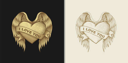 love heart with wings and ribbons, hand drawn illustration with esoteric, boho, spiritual, geometric, magic themes, for valentine's day or lovers in loveのイラスト素材