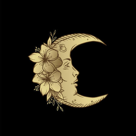 Crescent moon with flower ornament in antique style engraving. Boho, tattoos, tarot cards.のイラスト素材