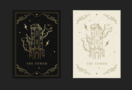 The Tower. Major Arcana tarot card, with engraving, luxury, esoteric, boho, spiritual, geometric, astrology, magic themes, for tarot reader card. Premium Vectorのイラスト素材