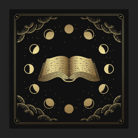 Ancient books and phases of the moon with engraving, hand drawn, luxury, esoteric, boho style, fit for paranormal, tarot reader, astrologer or tattooのイラスト素材
