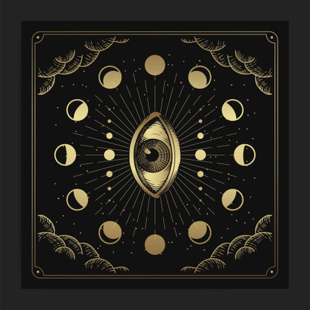 All seeing eye and moon phase decorations with engraving, handrawn, luxury, esoteric, boho style, fit for paranormal, tarot reader, astrologer or tattooのイラスト素材