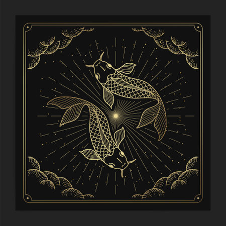 Zodiac pisces horoscope, fish with engraving, hand drawn, luxury, esoteric, boho style, fit for paranormal, tarot reader, astrologer or tattooのイラスト素材