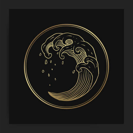 Water wave with engraving, hand drawn, luxury, esoteric, boho style, fit for paranormal, tarot reader, astrologer or tattooのイラスト素材