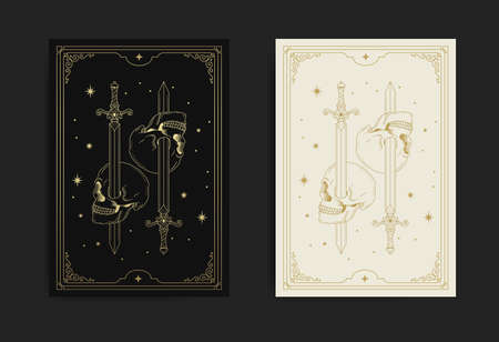 Sword through a skull in engraving, luxurious, esoteric, boho style. Suitable for spiritualists, psychics, tarot, fortune tellers, astrologers and tattooのイラスト素材